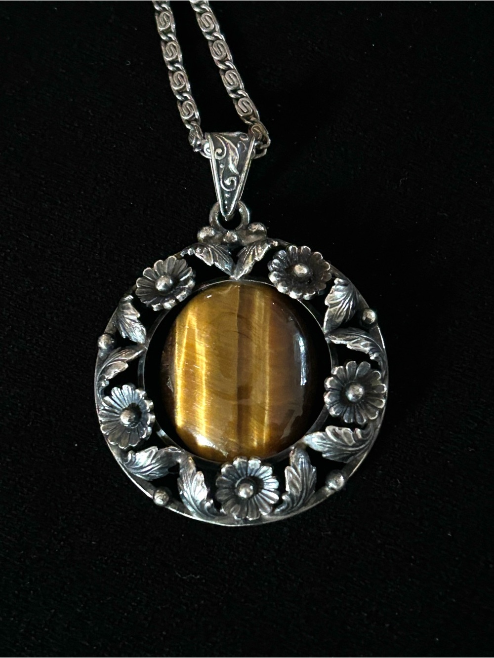 Vintage Danish NE FROM Sterling Silver Floral Necklace With Tiger's Eye, 17g